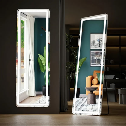 Miroir sur pied pleine longueur avec lumières LED - Sommet arqué et rectangulaire, cadre en aluminium, miroir habillage sur pied de 180 cm pour chambre et salon, noir or blanc, verre trempé de 5 mm