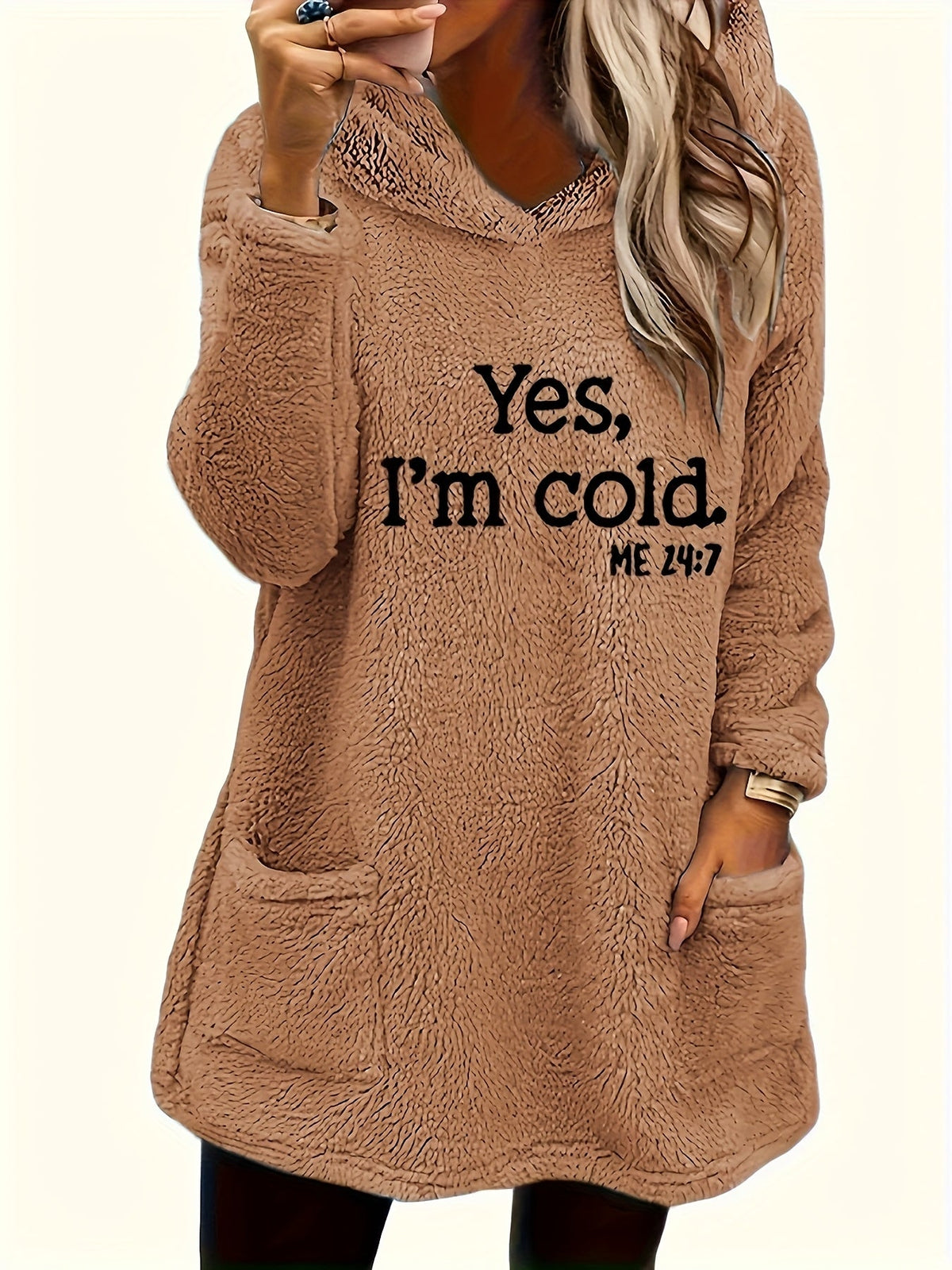 Women's "Yes I'm Cold" Teddy Bear Graphic Hooded Sweatshirt – Cozy Fleece-Lined Pullover Hoodie Double Pocket Long Sleeve 100% Polyester Fall Winter Casual Top