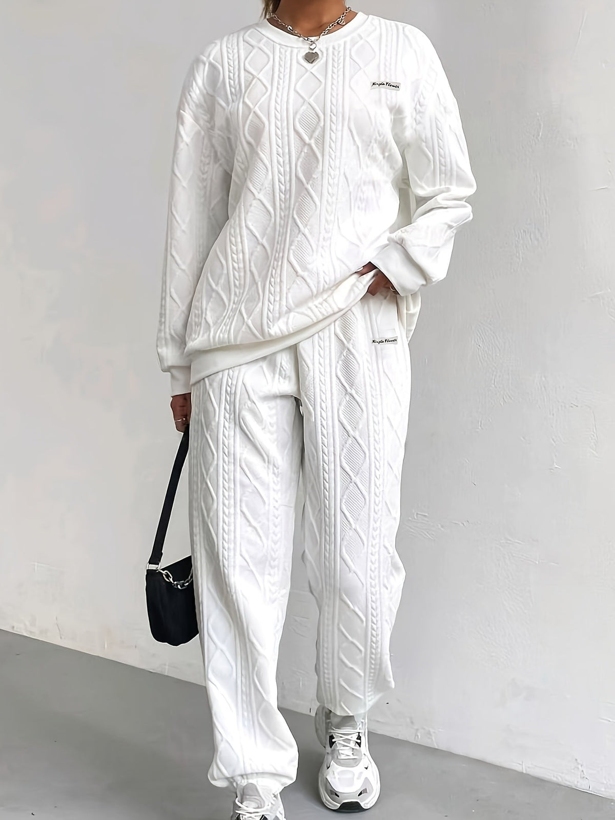 Ensemble survêtement 2 pièces pour femme – Haut à manches longues et col rond en jacquard texturé et pantalon de jogging, tenue de détente décontractée et respirante pour le printemps et l'été S-XXL