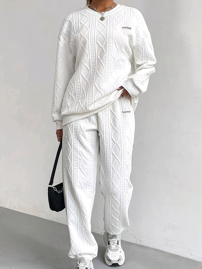 Ensemble survêtement 2 pièces pour femme – Haut à manches longues et col rond en jacquard texturé et pantalon de jogging, tenue de détente décontractée et respirante pour le printemps et l'été S-XXL