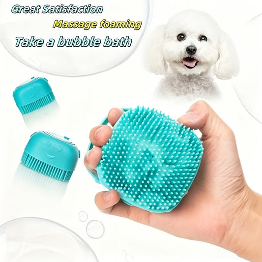 Pet Grooming Bath Brush with Built-In Shampoo Dispenser Dog Cat Massage Brush De-Shedding Scrubber Ergonomic Handle Soft Silicone Bristles for Bathing Dogs Cats Blue