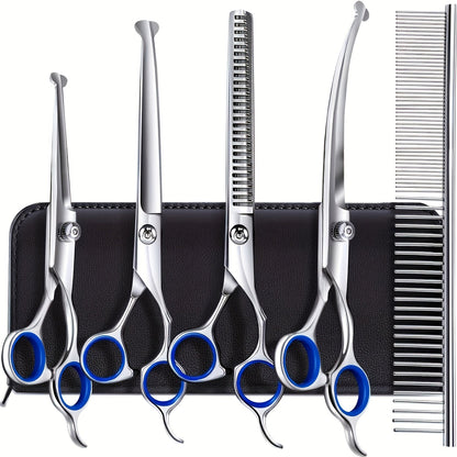 Kit de ciseaux de toilettage professionnels pour animaux 6 en 1 – Acier inoxydable 4CR revêtu de titane, bouts ronds de sécurité, universels pour droitiers et gauchers, ciseaux de toilettage robustes pour chiens, chats et tous les animaux