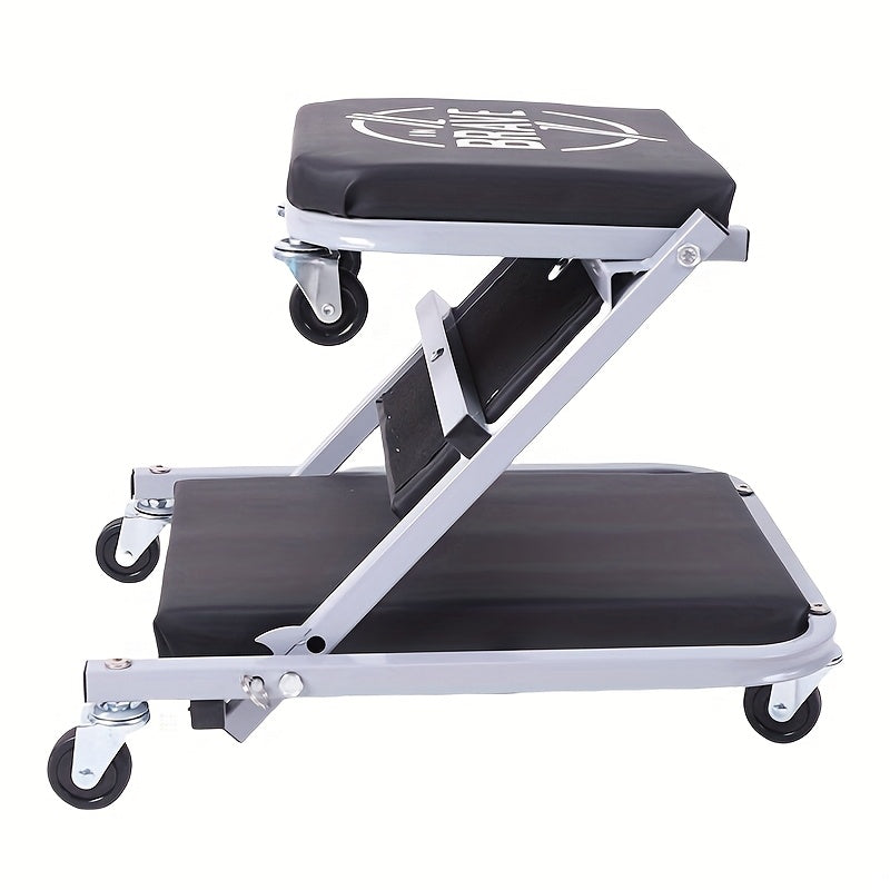 Chariot de visite mécanique pliable 3-en-1 robuste de 36 pouces avec siège en Z réglable - 6 roulettes pivotantes verrouillables, capacité de 350 à 650 lb, siège et appuie-tête rembourrés en vinyle, chariot de réparation automobile professionnel