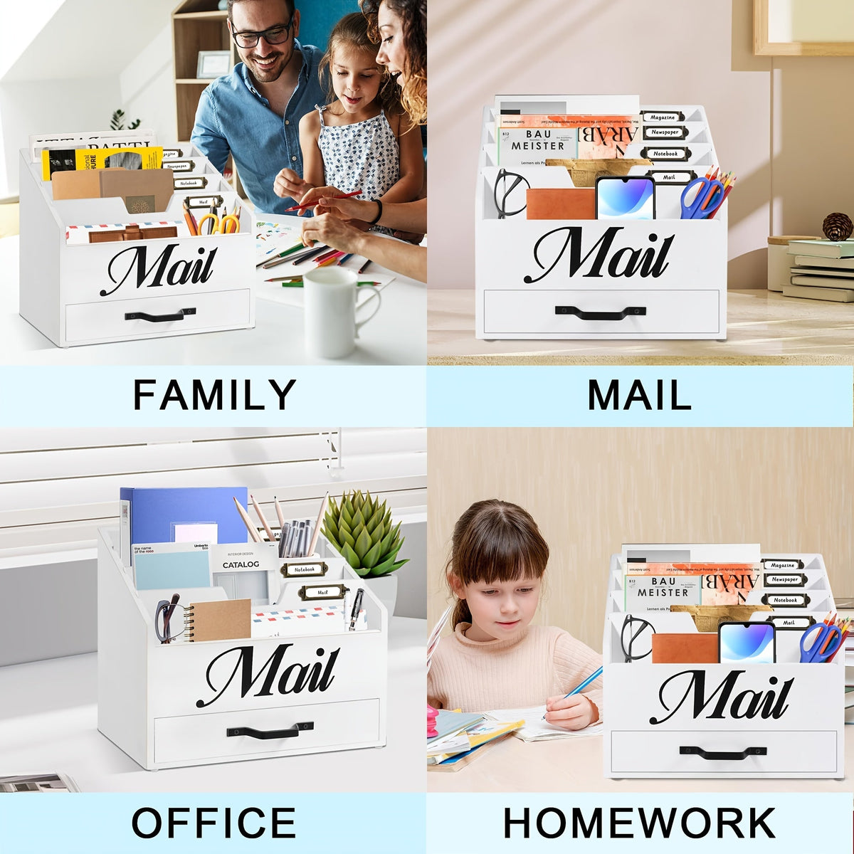 Grand organisateur de courrier de bureau en bois massif avec tiroir, 4 compartiments et séparateurs étiquetables pour dossiers, lettres et papier, organisateur de bureau pour bureau à domicile, étudiants et professionnels
