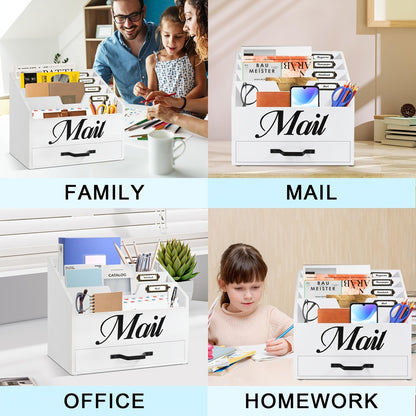 Grand organisateur de courrier de bureau en bois massif avec tiroir, 4 compartiments et séparateurs étiquetables pour dossiers, lettres et papier, organisateur de bureau pour bureau à domicile, étudiants et professionnels