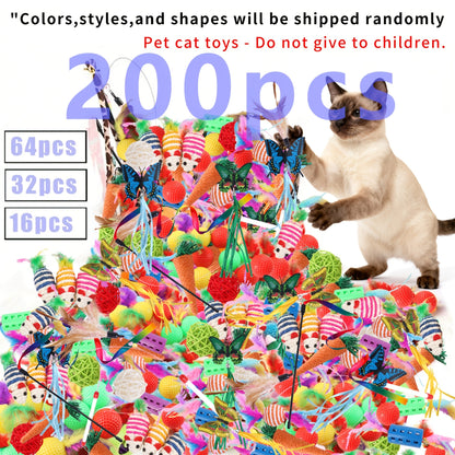Ensemble de jouets variés pour chats 16/32/64/200 pièces - Assortiment de jouets interactifs en plastique, plumes et polyester pour chats, couleurs et styles aléatoires, lot de jouets en gros pour chats et chatons, pack découverte pour le jeu quotidien