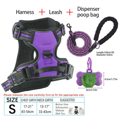 Ensemble harnais et laisse pour chien 4 pièces, gilet réfléchissant en Oxford anti-traction et anti-étranglement avec laisse, distributeur de sacs à déjections et poignée de contrôle facile, pour chiens moyens et grands, dressage et promenade en extérieur