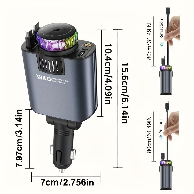 3-in-1 Retractable Car Charger with Starlight Projector & Aromatherapy – Fast Charging USB-C 2.6ft Cable for iPhone 16 17 Galaxy S25 S26, Car Phone Charger with Ambient Light (Perfume Sold Separately)