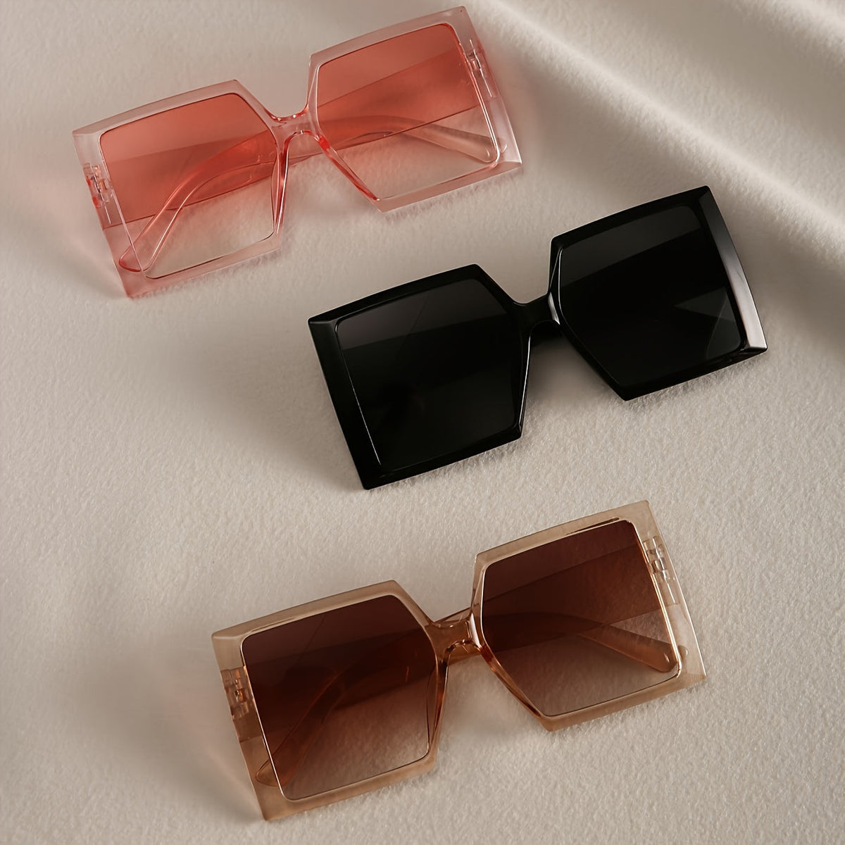 Lot de 3 paires de lunettes de soleil tendance pour femme, monture oversize carrée et plate - Style rétro chic en rose, champagne et noir pour la plage, la conduite, le voyage et le quotidien