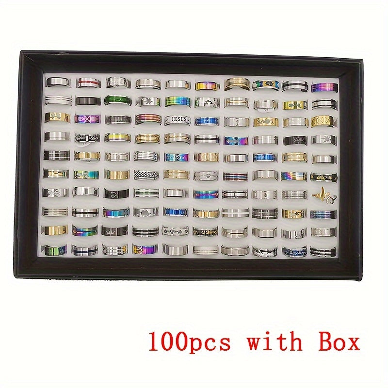 Lot de 100 bagues en acier inoxydable avec boîte – Assortiment de modèles variés, anneaux cœurs et rayés pour femmes, hommes et couples, pack de bijoux en gros colorés, assortiment aléatoire