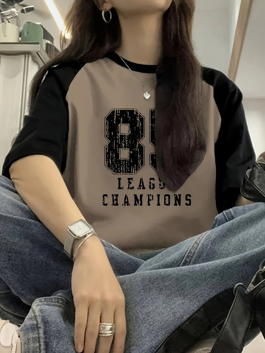 T-shirt raglan color block Y2K pour femme - Imprimé graphique varsity "85 League Champions", t-shirt décontracté à col rond avec manches contrastantes, haut streetwear rétro kaki vert olive S-XXL
