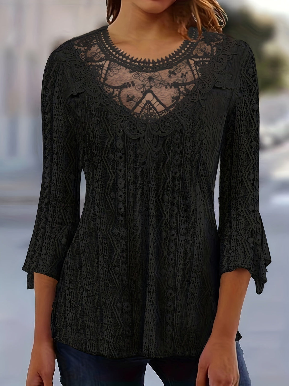 Blouse à manches longues pour femme avec bordure en dentelle contrastante – Haut élégant à col rond semi-transparent sexy pour le printemps, l'été et l'automne en noir, blanc et rouge orangé