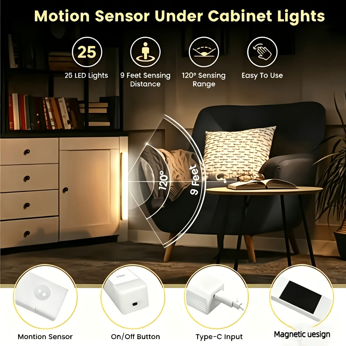 Lampe de placard LED à détecteur de mouvement rechargeable par USB – Éclairage intelligent sans fil sous meuble, intensité réglable 3 niveaux, veilleuse pour cuisine, chambre, placard, escaliers, couloir – Lot de 6 ou 3