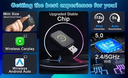 Mini adaptateur CarPlay sans fil, version améliorée 2025 – Dongle Plug & Play pour convertir le CarPlay filaire en sans fil pour Apple iPhone et Android, faible latence, connexion rapide et stable, aucune batterie requise, jeu de ports USB inclus