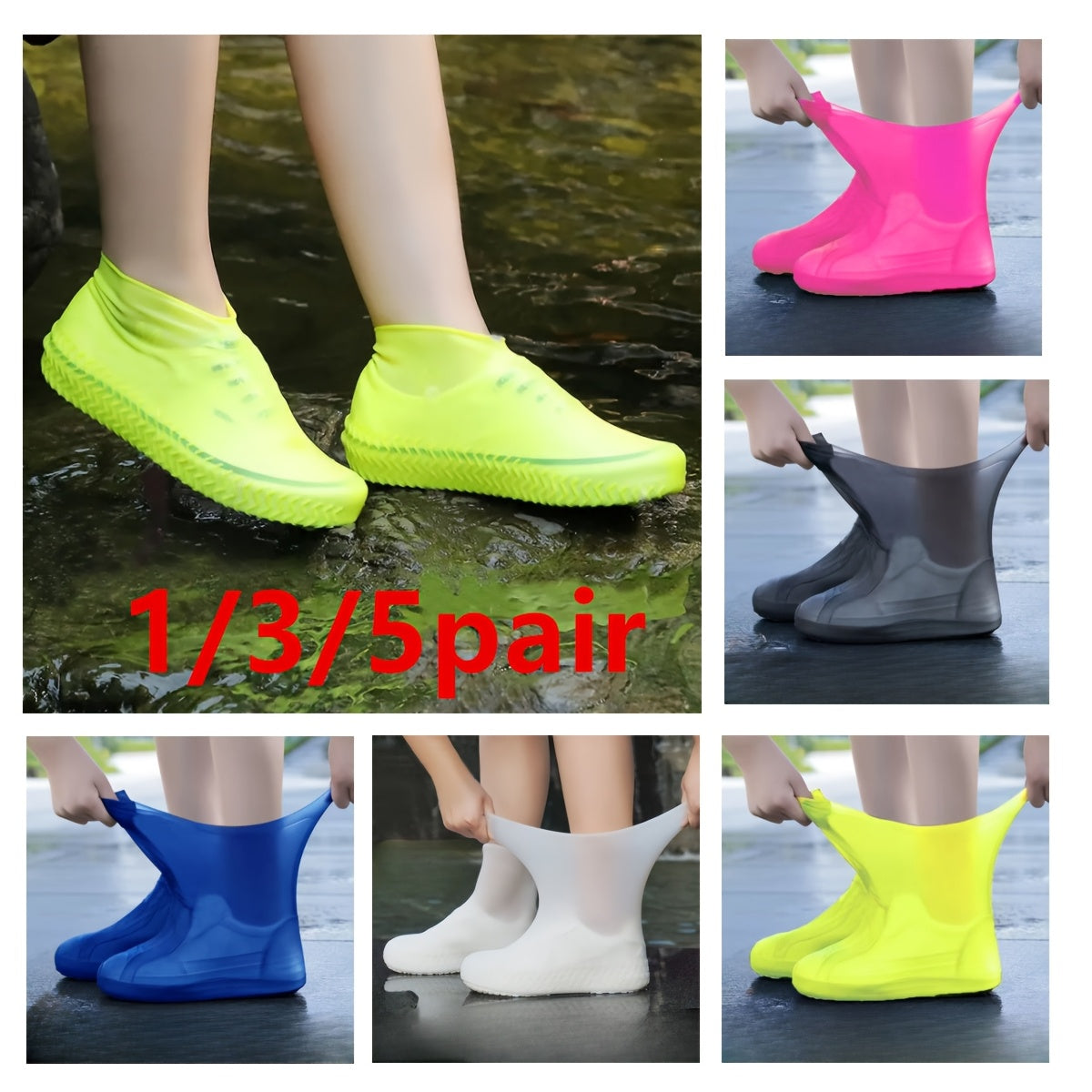Sur-chaussures de pluie réutilisables en latex pour hommes, femmes et enfants – Lot de 5 paires couleurs assorties, taille unique (EU 34-45), protection antidérapante durable contre la pluie pour usage extérieur