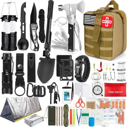 Kit de survie professionnel de 14, 152 ou 258 pièces – Équipement de survie d'urgence en plein air avec allume-feu, boussole et outil multifonction pour le camping, la randonnée et l'aventure, le meilleur cadeau pour hommes et femmes