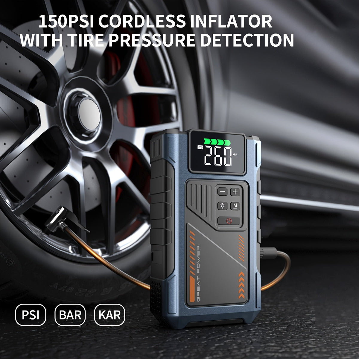 Démarreur de voiture 4000A avec compresseur d'air et gonfleur de pneus – Booster de batterie portable tout-en-un pour moteurs essence et diesel, lampe LED, batterie externe USB, affichage numérique, démarreur d'urgence compact