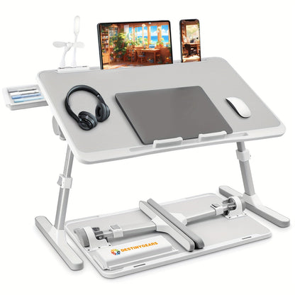 Plateau de lit pour ordinateur portable avec lampe USB, ventilateur et tiroir – Support d'ordinateur portable portable et réglable pour lit, canapé, bureau pour lire, écrire, manger, 10 couleurs et tailles