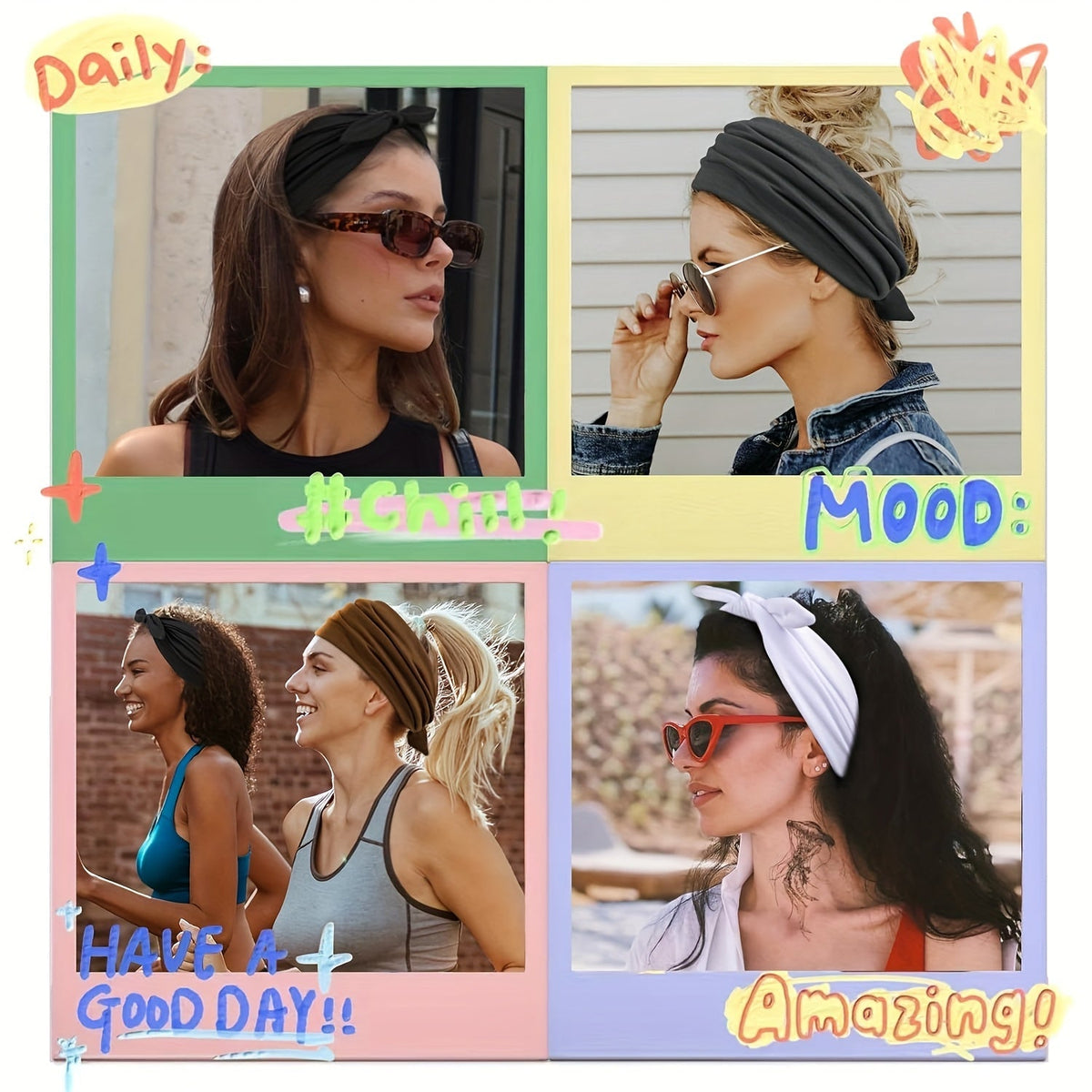 Lot de 4 bandeaux larges à oreilles de lapin pour femmes – Accessoire cheveux élastique antidérapant en satin pour le sport, le yoga et la salle de sport, ensemble turban doux et épais, idée cadeau