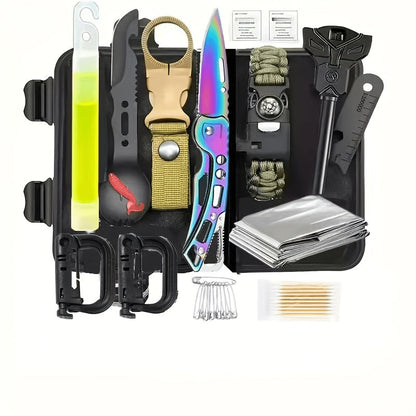 Kit de survie pour homme, ensemble d'équipement d'urgence de 12 à 115 pièces avec pierre à feu et multi-outil pour camping, randonnée, chasse, pêche, aventure en plein air, cadeau pour papa ou mari