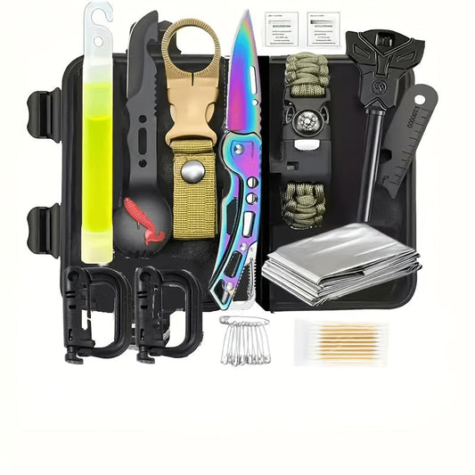 Kit de survie pour homme, ensemble d'équipement d'urgence de 12 à 115 pièces avec pierre à feu et multi-outil pour camping, randonnée, chasse, pêche, aventure en plein air, cadeau pour papa ou mari