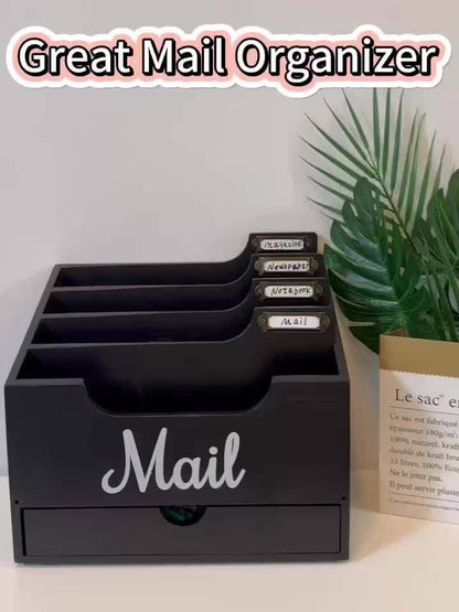Grand organisateur de courrier de bureau en bois massif avec tiroir, 4 compartiments et séparateurs étiquetables pour dossiers, lettres et papier, organisateur de bureau pour bureau à domicile, étudiants et professionnels