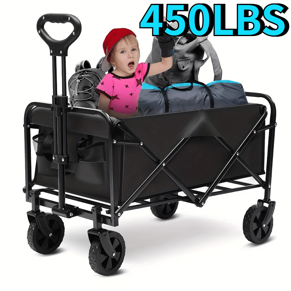 Chariot pliable robuste, capacité de 150 à 205 kg, cadre en fer tout-terrain et tissu Oxford 800D, chariot utilitaire pliable sans assemblage requis pour le camping, la plage, le jardin, le sport et l'extérieur