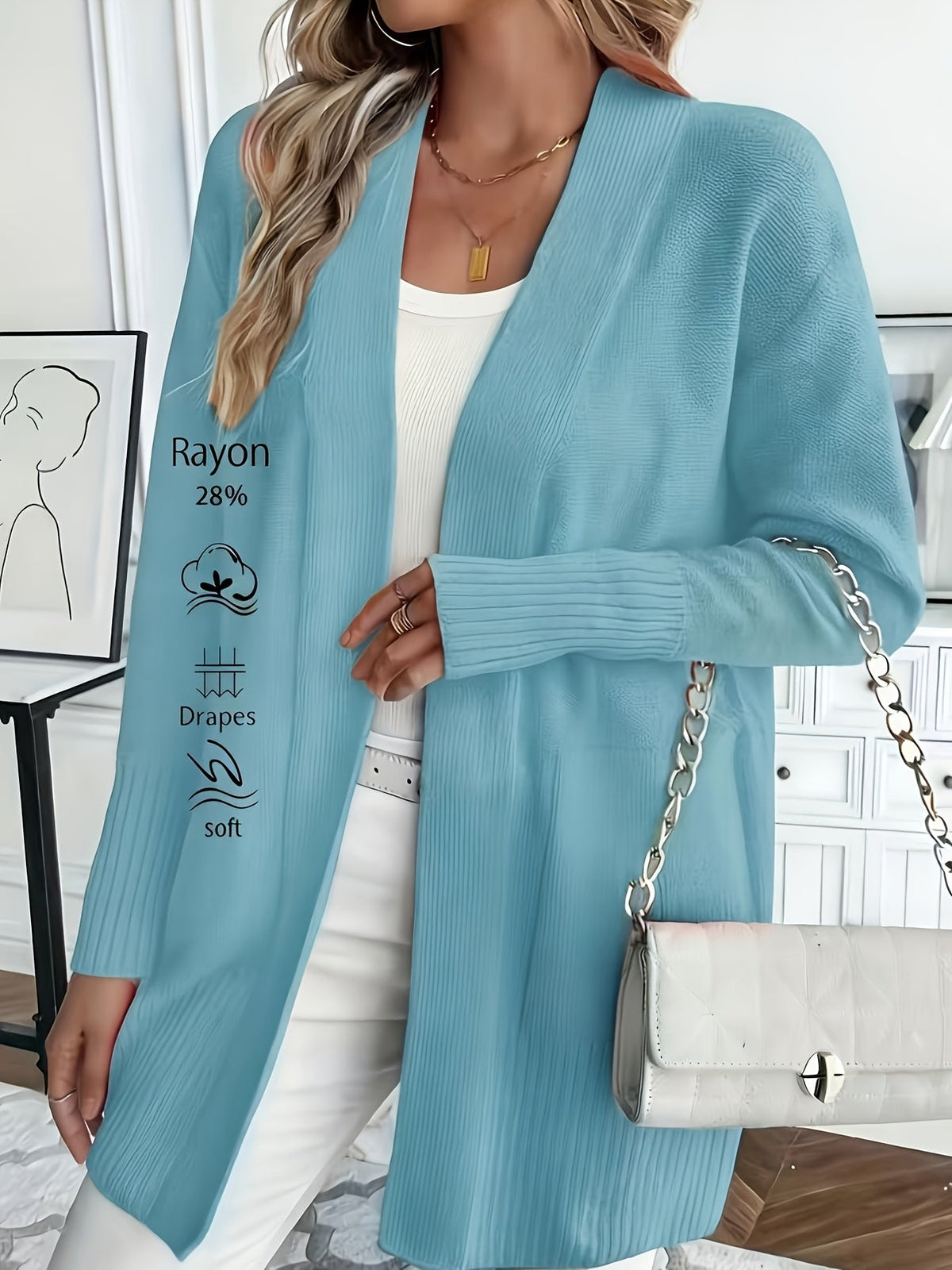 Gilet long femme à col en V et épaules tombantes – Maille douce coupe ample, disponible en 16 coloris pour l'automne et l'hiver, 46 % acrylique, 28 % viscose, 26 % nylon