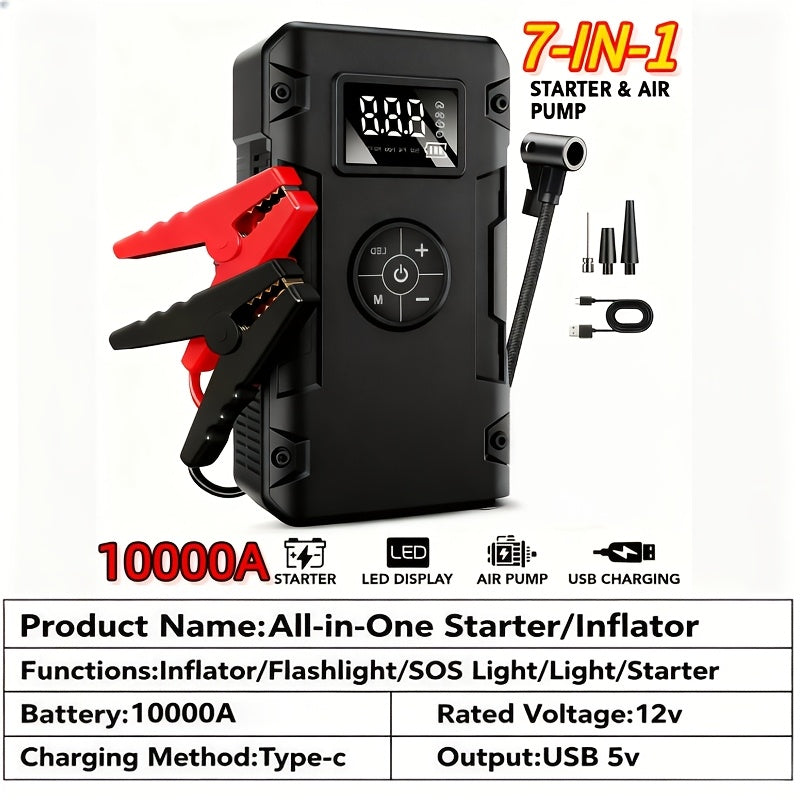 Démarreur de batterie 10000A 7-en-1 avec compresseur d'air 150PSI – Booster de batterie portable pour moteurs essence et diesel, pompe haute pression, kit d'urgence pour véhicule, batterie externe