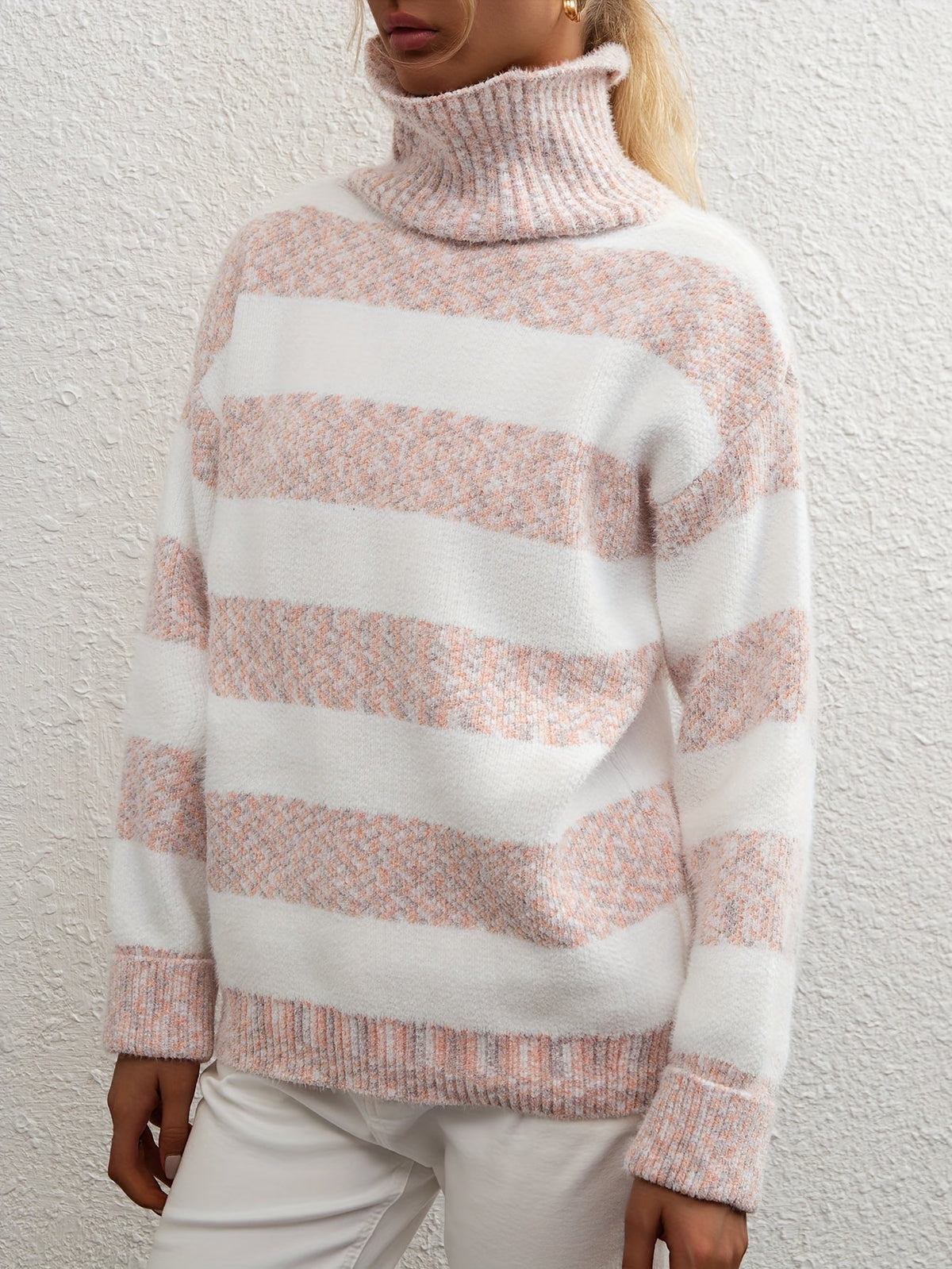 Pull col montant en fausse fourrure de vison pour femme - Pull rayé ample et épais | Haut en tricot, sous-couche ou vêtement d'extérieur chaud pour l'automne et l'hiver