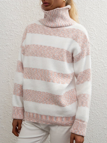 Pull col montant en fausse fourrure de vison pour femme - Pull rayé ample et épais | Haut en tricot, sous-couche ou vêtement d'extérieur chaud pour l'automne et l'hiver