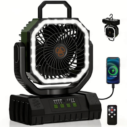Ventilateur de camping 20000mAh avec télécommande, éclairage LED, oscillation, 4 vitesses, minuterie et batterie externe - Ventilateur de tente rechargeable pour le camping, le pique-nique, le barbecue et la pêche en plein air