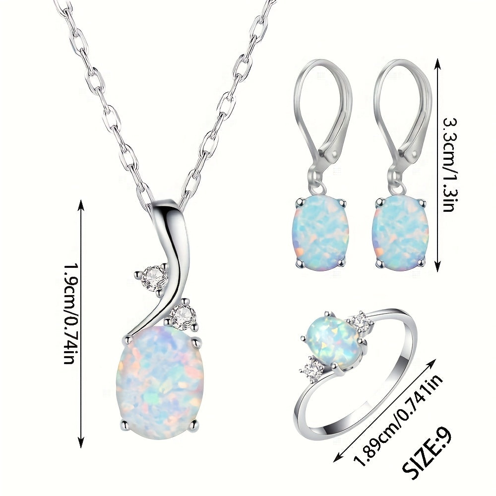 Parure de bijoux 4 pièces en argent 925 et opale en forme de goutte d'eau pour femme – Collier, boucles d'oreilles et bague bohème élégants, bijoux de soirée de luxe avec pendentif en opale iridescente, tailles 54-60