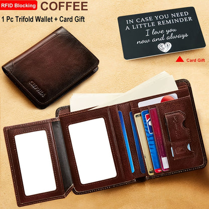 Portefeuille pour homme en cuir véritable avec protection RFID, trois volets, cuir de vachette vintage, porte-cartes de crédit, 2 fenêtres pour carte d'identité, pince à billets, emplacements pour espèces, cadeau de fête des pères pour papa ou mari