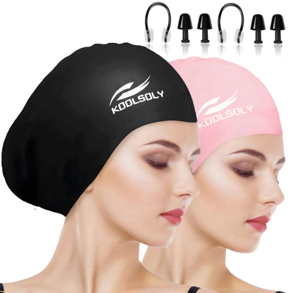 Lot de 2 bonnets de bain en silicone avec protection auditive pour cheveux longs – Inclut bouchons d'oreilles et pince-nez, ensemble de bonnet de bain étanche, 11 options de couleurs pour femmes, hommes et adultes