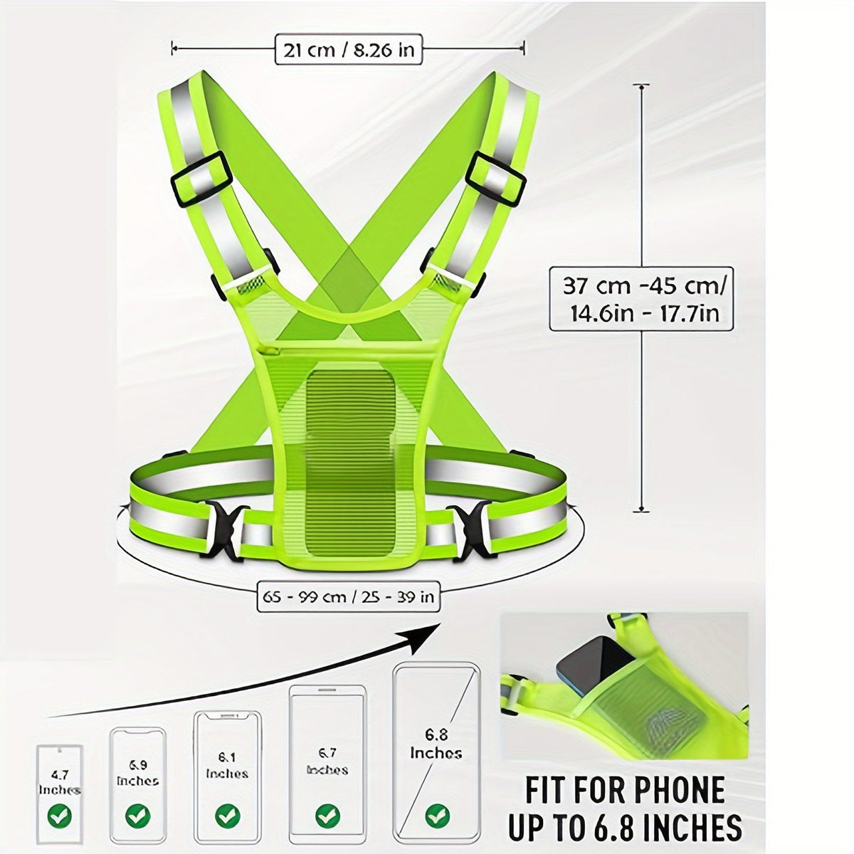 Lot de 2 gilets de running réfléchissants avec support pour téléphone et 2 bracelets réfléchissants – Équipement de sécurité haute visibilité pour hommes et femmes, jogging, promenade de chien, cyclisme