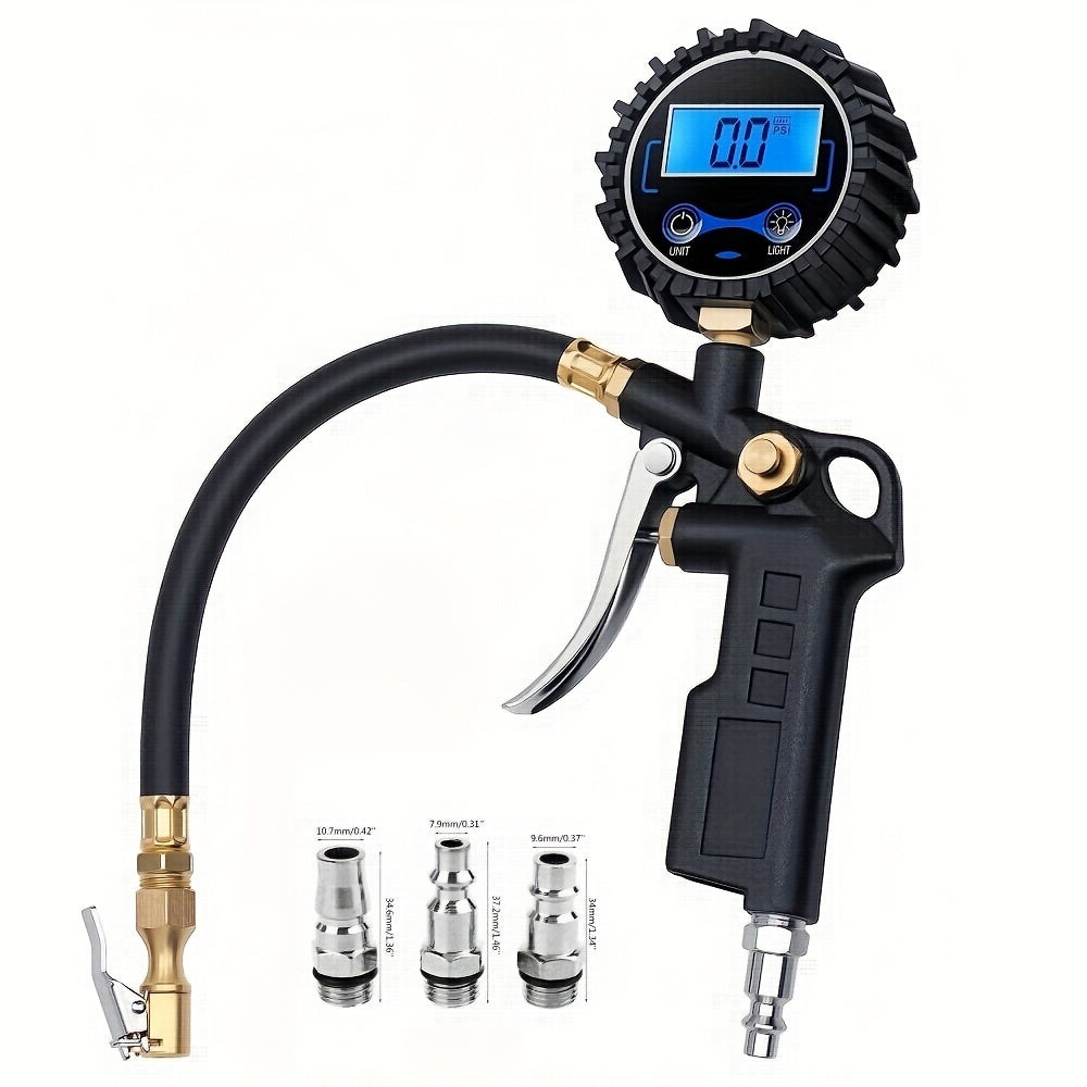 Gonfleur de pneu numérique avec manomètre – 200 PSI, écran LCD rétroéclairé, 4 unités (PSI/BAR/KPA/KGF), mandrin en laiton, 3 connecteurs, pour voiture, camion, moto et vélo | Velora
