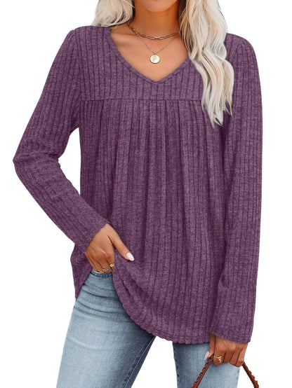 Haut-pull à manches longues et col en V pour femme – Chemisier décontracté et léger à pli frontal, chemise élégante et ample, plusieurs couleurs, tailles S à XXL