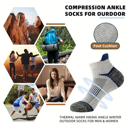 Lot de 6 paires de chaussettes de randonnée en laine mérinos pour hommes et femmes, chaussettes de course et de travail à cheville rembourrée avec soutien de compression, design invisible, respirant et absorbant l'humidité – Excellente idée cadeau