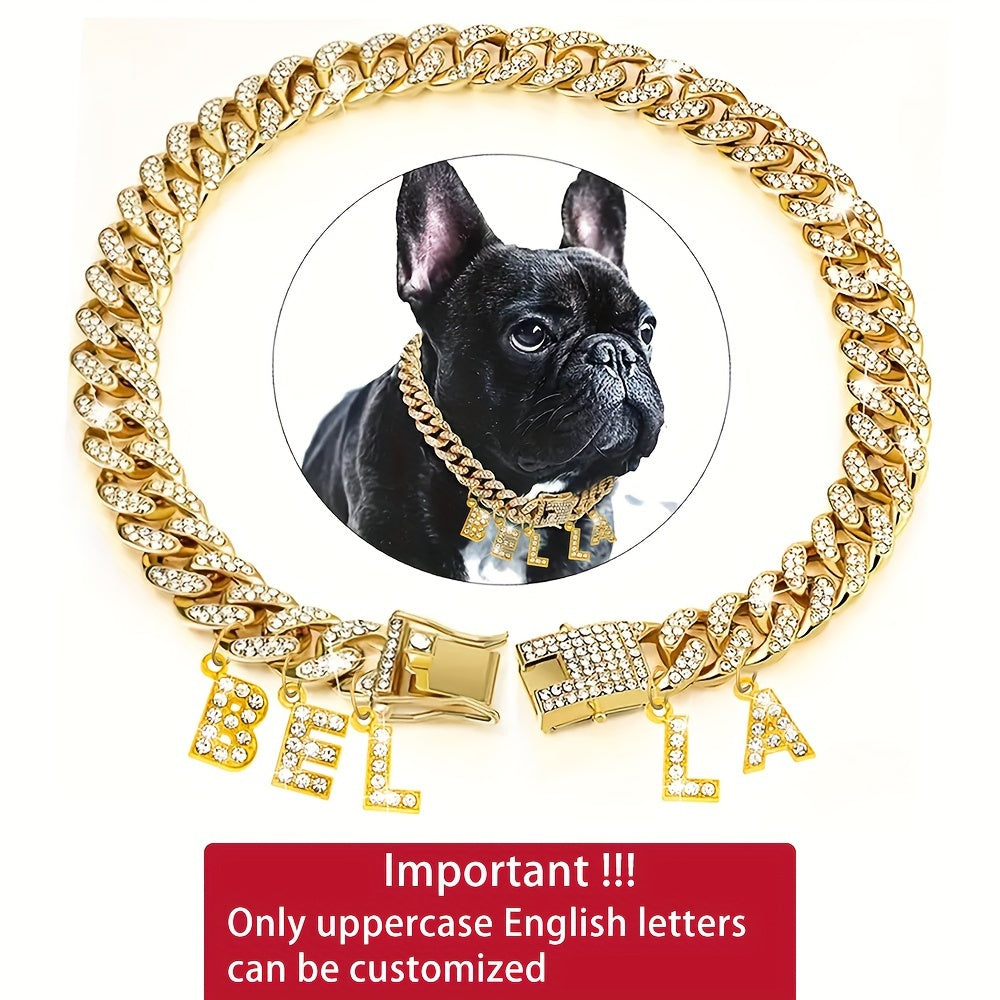 Collier pour chien personnalisé avec pendentif lettre en strass – Collier pour chien à chaîne cubaine étincelante de 13 mm, breloque initiale personnalisée, double fermoir pour petits et moyens chiens, bijou de luxe pour animal de compagnie