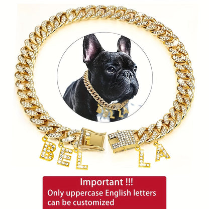 Collier pour chien personnalisé avec pendentif lettre en strass – Collier pour chien à chaîne cubaine étincelante de 13 mm, breloque initiale personnalisée, double fermoir pour petits et moyens chiens, bijou de luxe pour animal de compagnie