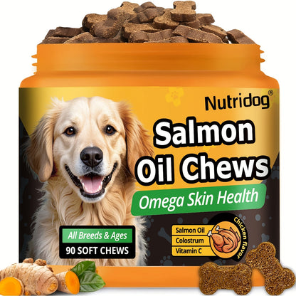 Complément nutritionnel pour chiens en bouchées tendres, 90 unités, aux probiotiques et huile de saumon, goût poulet - Soutient la santé du pelage, la santé intestinale et l'immunité pour les chiens de tous âges, 225 g