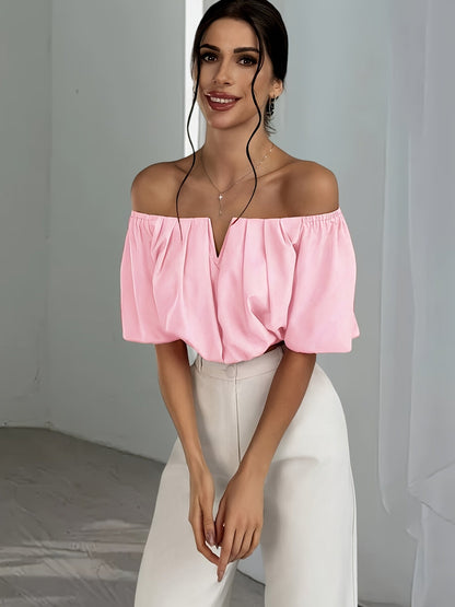 Off Shoulder V-Neck Blouse Women Short Sleeve Solid Color Sexy Summer Top | Vacation Party Casual Wear Multiple Colors XS-L