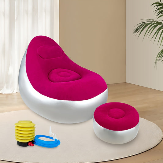 Ensemble de canapé gonflable 2 pièces pour adulte avec fauteuil inclinable et repose-pieds, tissu pelucheux robuste, portable et pliable avec pompe, pour intérieur, extérieur, camping, plage, salon et terrasse