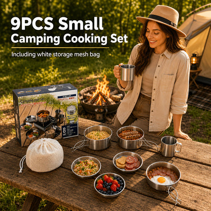 Kit de cuisine de camping 8/9/14/15 pièces, ensemble de cuisson portable antiadhésif en alliage d'aluminium avec bouilloire, casserole, poêle, assiettes et ustensiles, équipement de cuisine léger pour randonnée et voyage