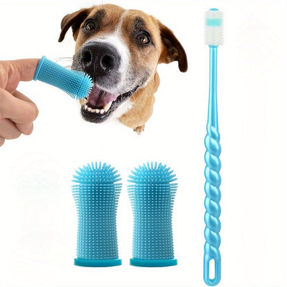 Kit de soins dentaires pour animaux de 3 pièces : brosse à dents en silicone à 360°, brosse à doigt et brosse à micro-filaments pour chiens et chats, souple et douce, aucune pile requise