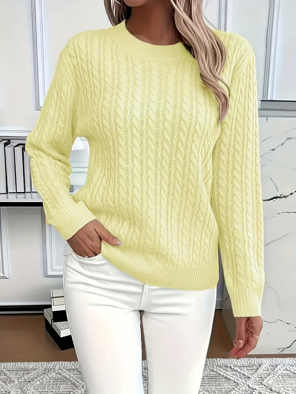 Pull-over pour femme à col rond – Haut en tricot doux de couleur unie pour tenue décontractée et habillée, essentiel de superposition toutes saisons, bleu ciel, tailles XS-XXL