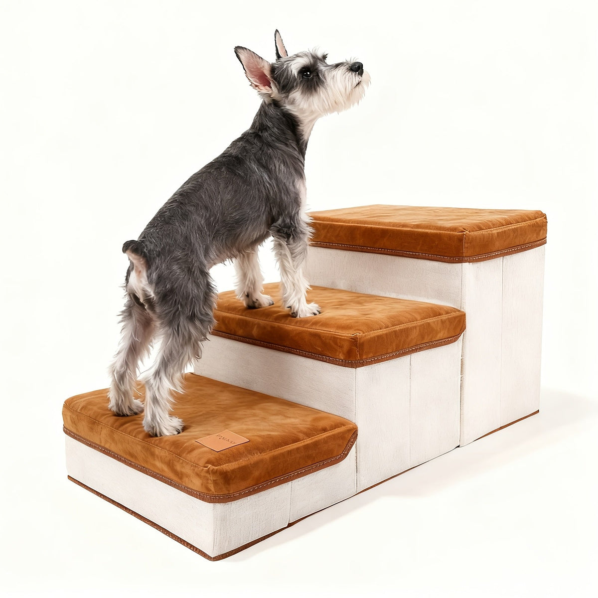 Escalier pliable pour petits chiens à 3 marches – Rampe pour animaux en nylon antidérapant pour lits et canapés surélevés, design pliable compact, marron et blanc, inclut une peluche en forme de patte de poulet en bonus