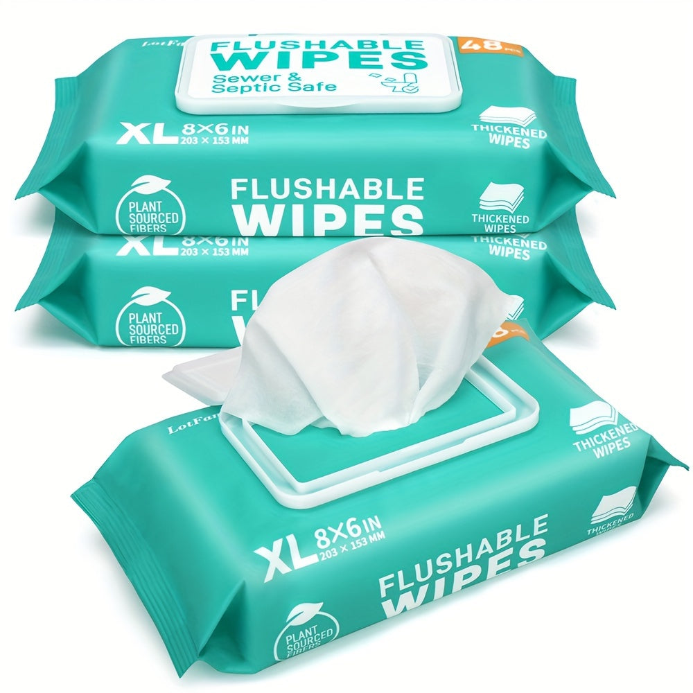 Lingettes humides jetables dans les toilettes, extra larges et épaisses – 144 ou 288 unités (paquet de 3 ou 6 x 48 unités), sans alcool, à base de plantes, compatibles avec les fosses septiques et les égouts, adaptées aux peaux sensibles et aux bébés