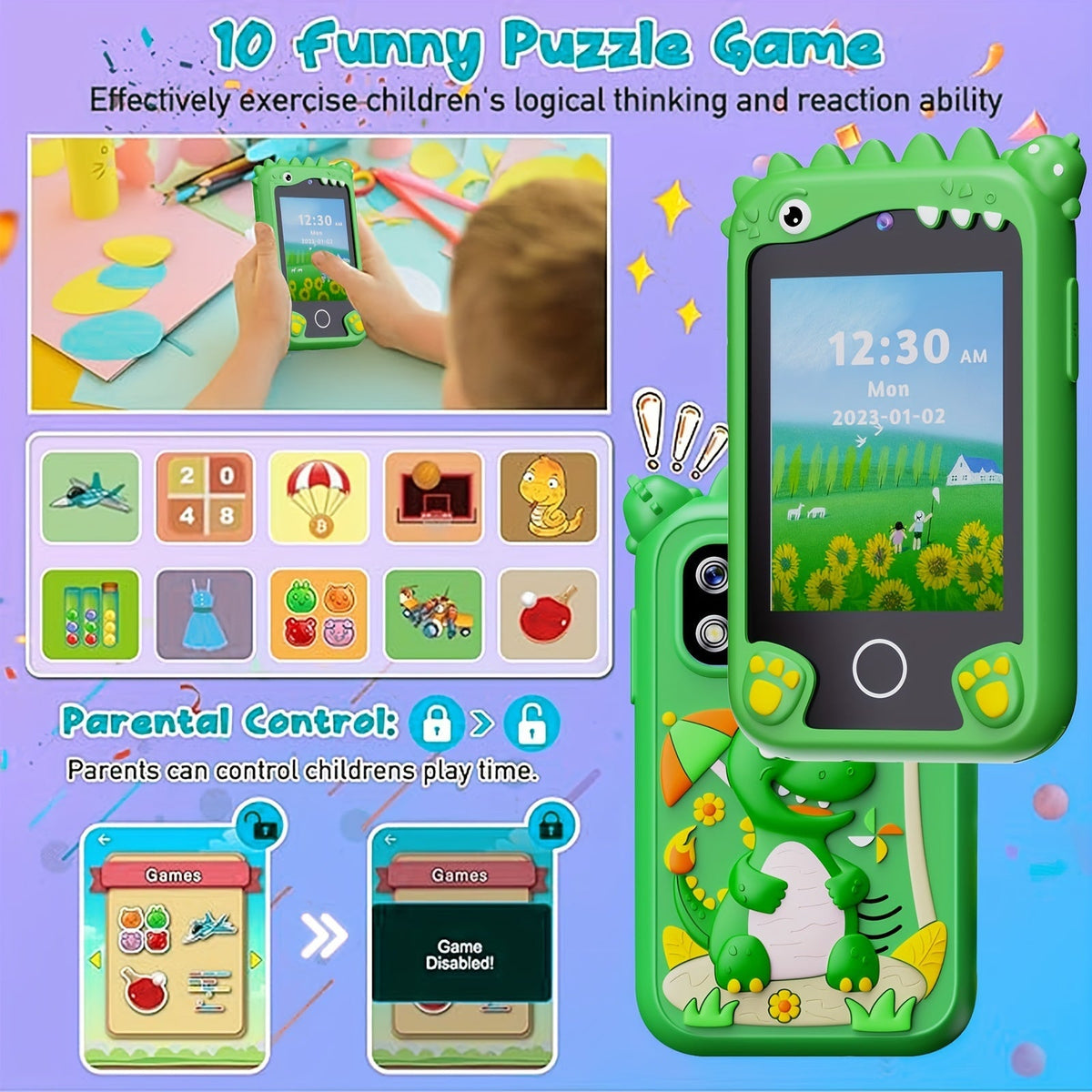 Kids Smart Phone Toy with HD Touchscreen Dual Camera Dinosaur Design 8GB SD Card Included Play Cell Phone for Boys and Girls Ages 3 and Up Travel Toy Birthday Easter Halloween Christmas Gift Green Purple